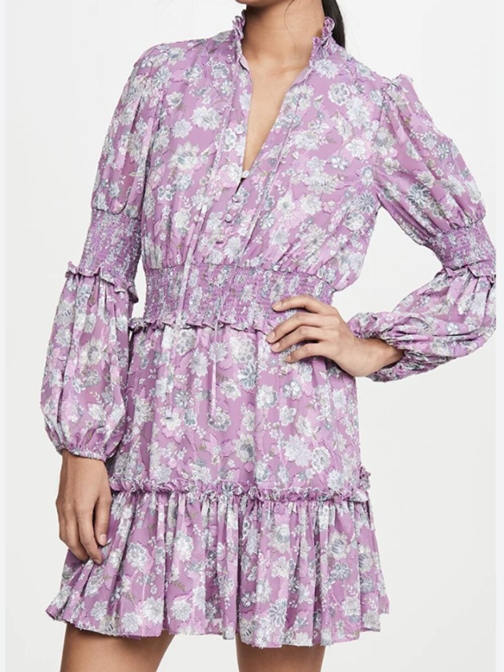 Alexis Rosewell Mini Dress Floral Ruffle Layered Smocked Stretch Purple Size XS